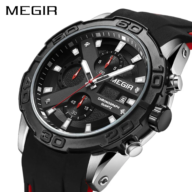 MEGIR спортивные часы с хронографом, мужские часы, Лидирующий бренд, модные силиконовые кварцевые армейские военные наручные часы, мужские часы 2055