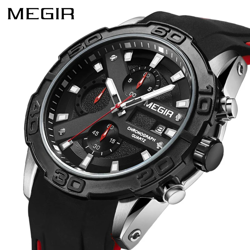 Billig MEGIR Chronograph Sport Uhr Männer Relogio Masculino Top Marke Mode Silikon Quarz Armee Militär Handgelenk Uhren Uhr Männer 2055