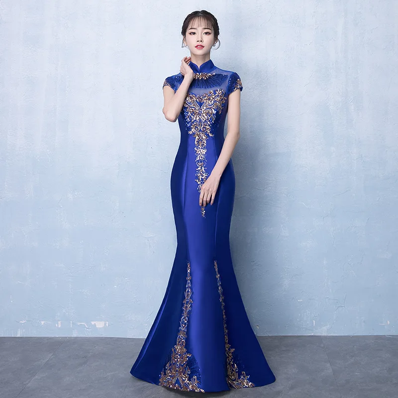 

Chinese Evening Party Dress Vintage Embroidery Sequined Floor-Length Long Maxi Dress Retro Backless Female Vestido Big Size 3xl