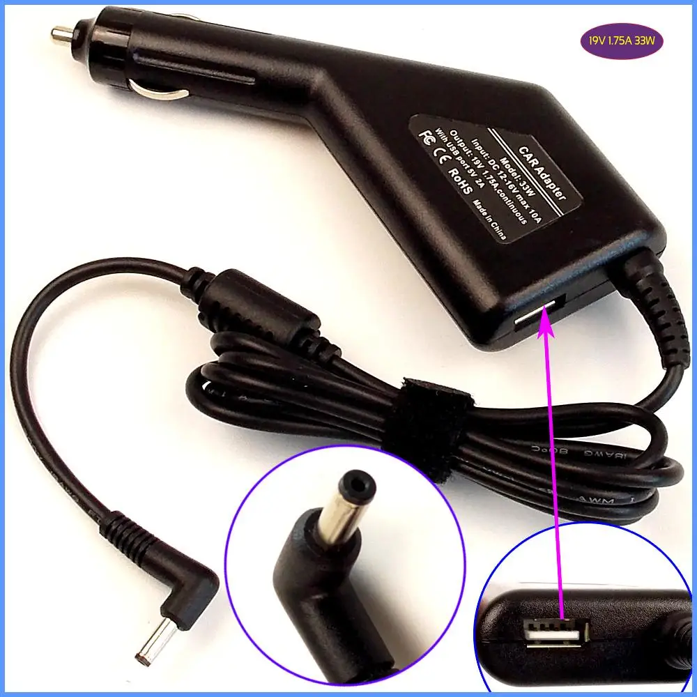 19V 1.75A Laptop Car DC Power Adapter Charger + USB for ASUS VivoBook X200MA-KX011H X200MA-KX012H X200MA-KX056H |