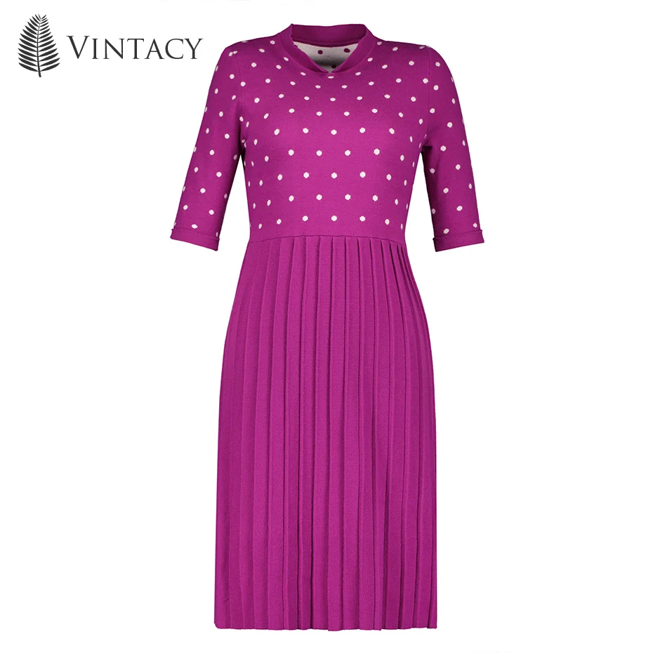 Women Autumn Sweater Dress Knitwear Girls Half Sleeve Purple Dress Casual Pleated Dresses Dot