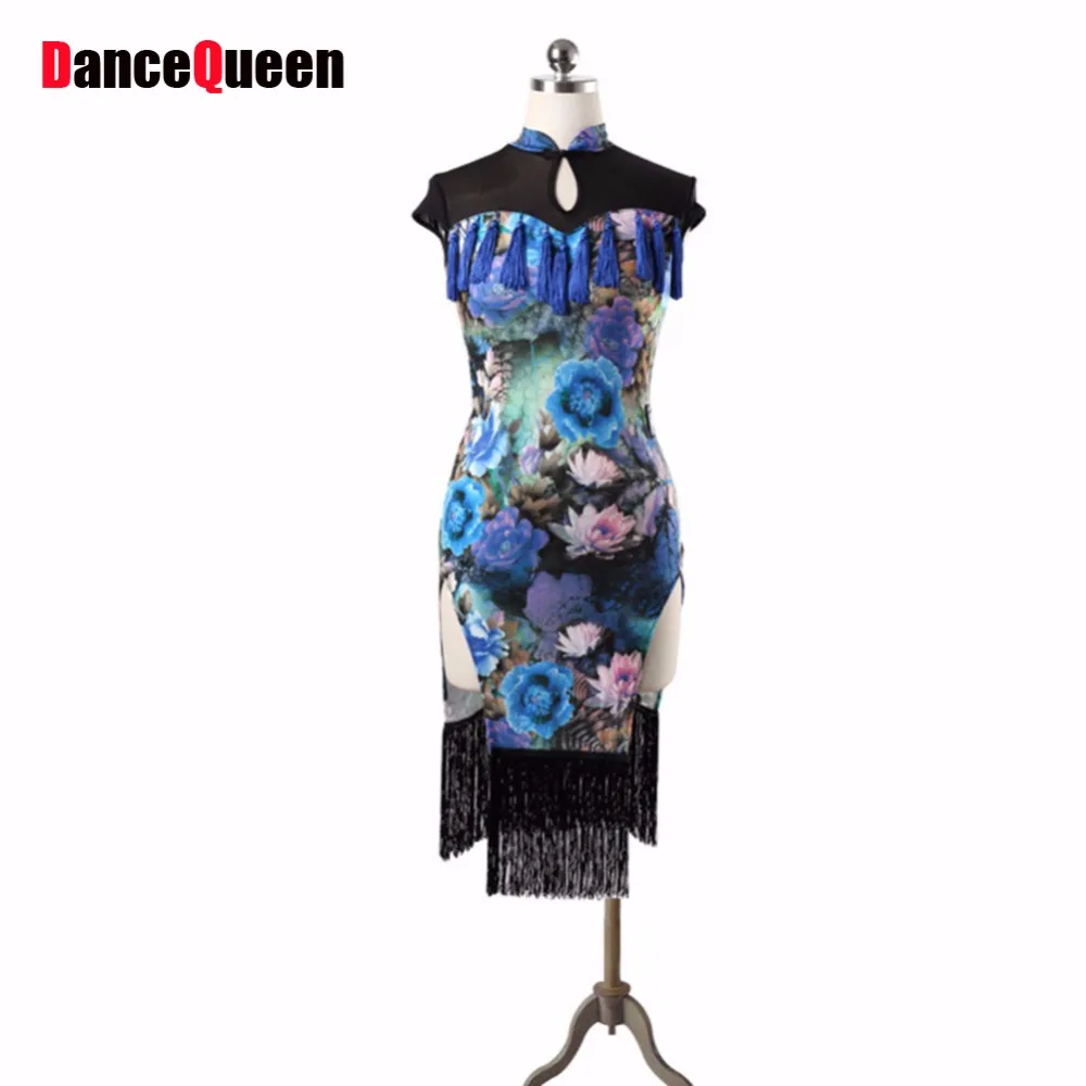 Дешевые женские для латинских танцев платья Красный, черный, синий цвет Цветочный принт льда шелковые юбки модные выставки Бальные
