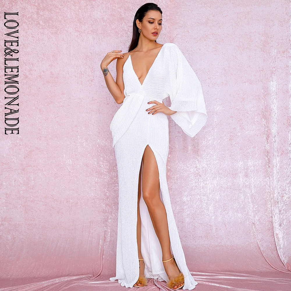 LOVE&LEMONADE Sexy Wit V-hals Enkele Mouw Pailletten Split Party Maxi Jurk LM81848