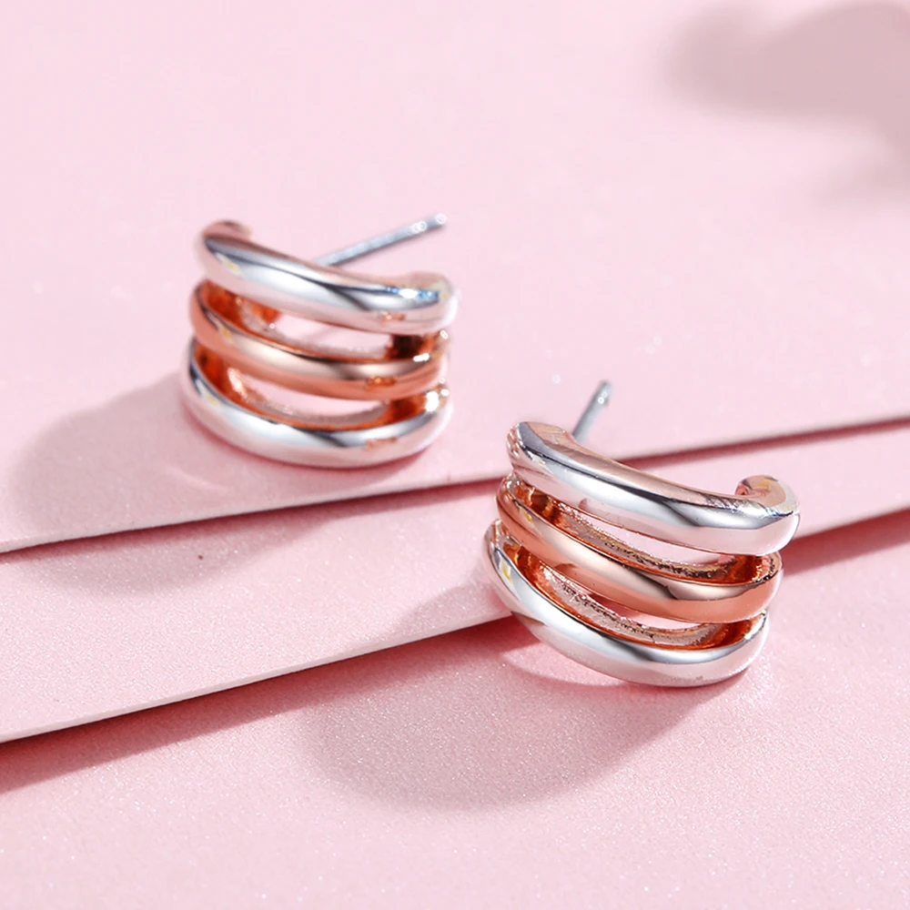 Viennois New Silver & Rose Gold Color Metallic Stud Earrings for Women Triple layers Semicircle Small Earring Trendy Jewelry