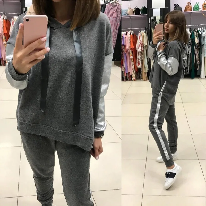 XUANSHOW Fashion Cotton Tracksuit Women Loose Clothes Outfits Autumn Winter Patchwork Long Sleeve Hoodies+Long Pants 2 Piece Set - Цвет: Dark gray