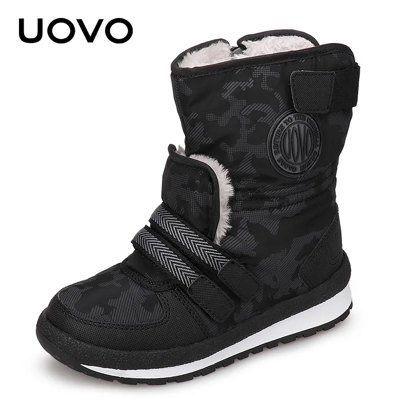 Uovo/толстые детские зимние сапоги, брендовые классические зимние сапоги для мальчиков и девочек, нескользящая обувь до середины икры, обувь для России, размеры 30-38 - Цвет: Черный