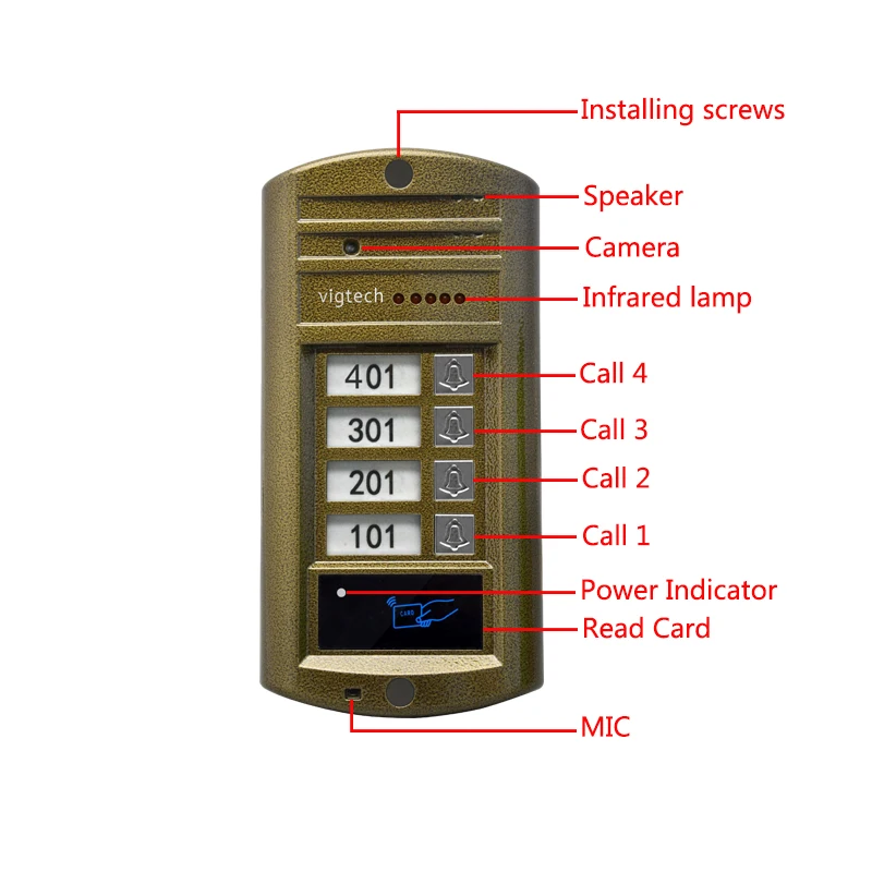 Vigtech 7 ''Цвет видео-телефон двери 4 Мониторы с 1 внутрнний дверной звонок может управлять 4 дома для многоквартирных RFID Камера