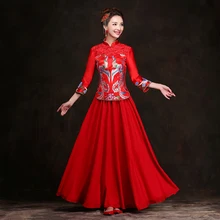 Winter Add Cotton Red Bride Wedding Qipao Chinese Traditional Dress Long Sleeve Cheongsam Robe Chinoise Oriental Dresses Qi Pao