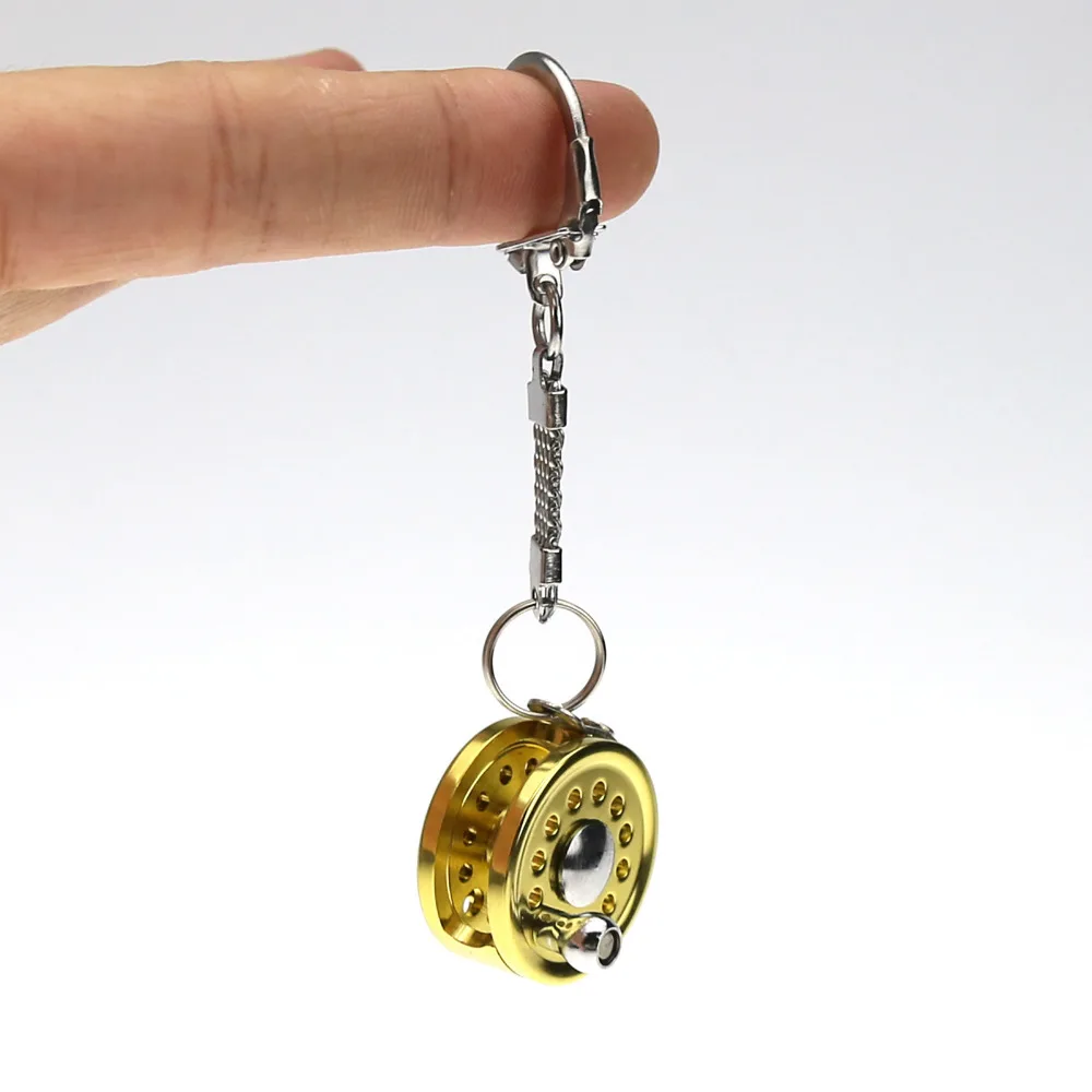 Mini Key Chains Portable Simulation Fly Fishing Reel Golden Keychain