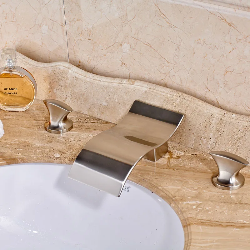 Two Holders Three Holes Nickel Brushed Widespread Waterfall Spout