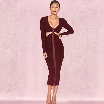 

2019 New Fahion High Quality Dress Chic Wine Red V Neck Long Sleeve Party Dress Sexy Women Celebrity Bandage Dress Vestidos
