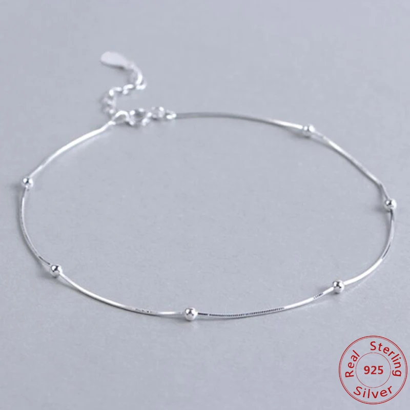 

Thin Pure Real 925 Sterling Silver Beads Curb Chains Anklet For Women Girls Friend Beach Foot Jewelry Leg Bracelet Barefoot