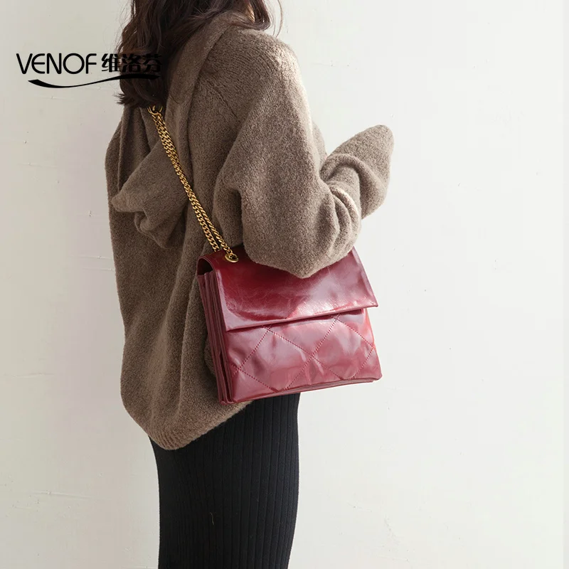 

VENOF Fashion real leather Women shoulder bags Wax oil skin chain envelope bag ladies leather crossbody Bag female messenger bag