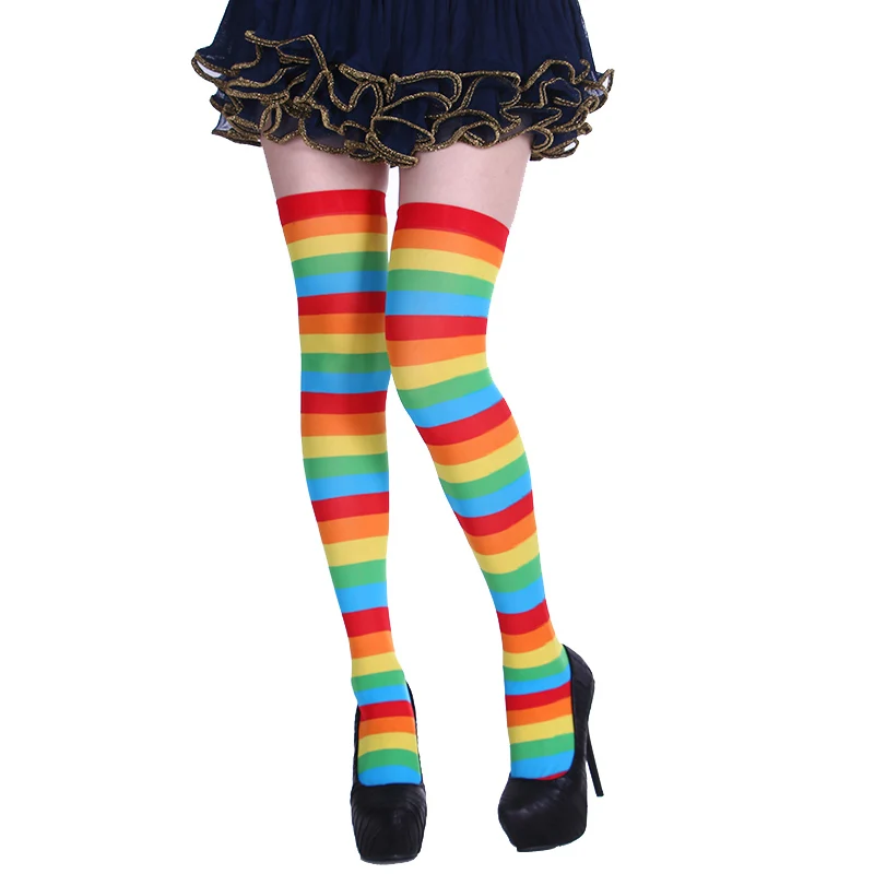 Женские длинные чулки для Хеллоуина, рождественской вечеринки, женские шелковые Полосатые чулки до колен, разноцветные чулки для девочек - Цвет: Rainbow color