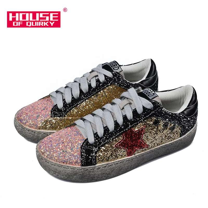 

Flats Shoes Women Casual Shoes Glitter Leather Do Old Dirty Shoes Mixed Color Women Sequins Star Golden Trainers Sneakers womans