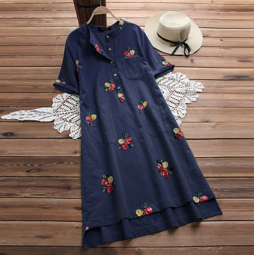 

women dress Casual Irregular Floral Embroidered Pockets Short Sleeve Vintage Dresses vestidos largos de verano casual9.585gg