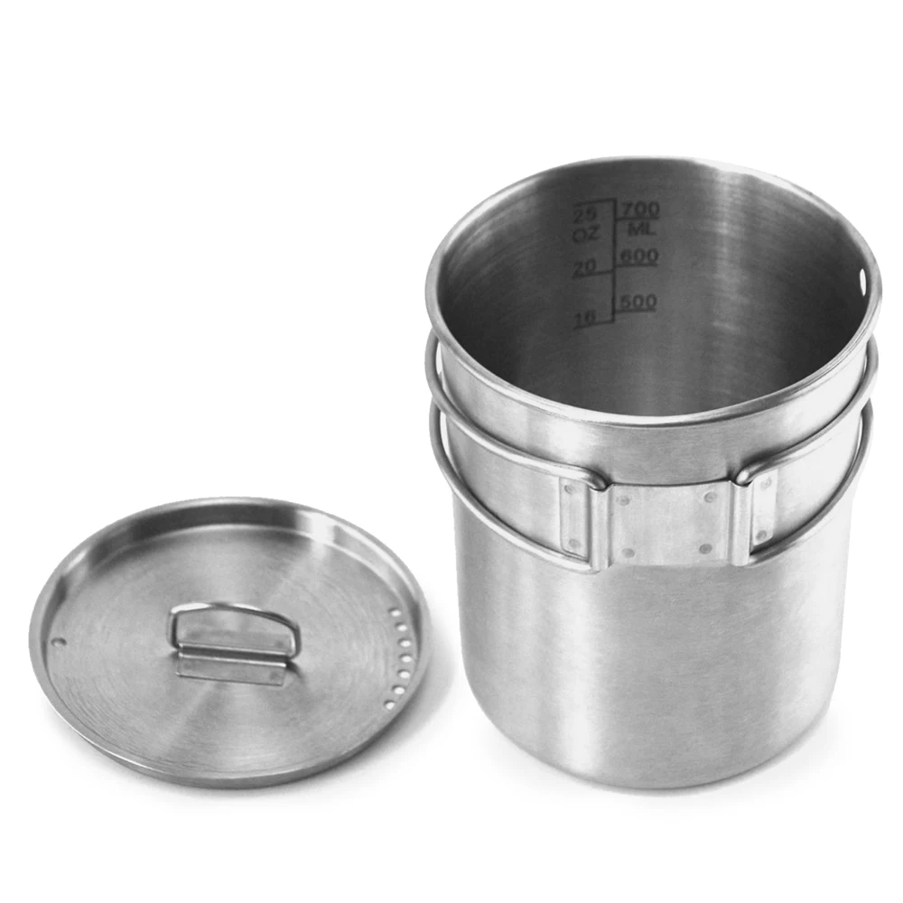 

700ml Outdoor Stainless Steel Cup Mug Pots Tableware Camping Cup Picnic Water Cup Mug of Coffee Tea with Lid and Foldable Handle