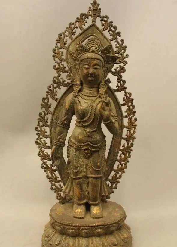 

22"China Tibetan Temple Bronze Gild Stand lotus flower Kwan-Yin Buddha Statue
