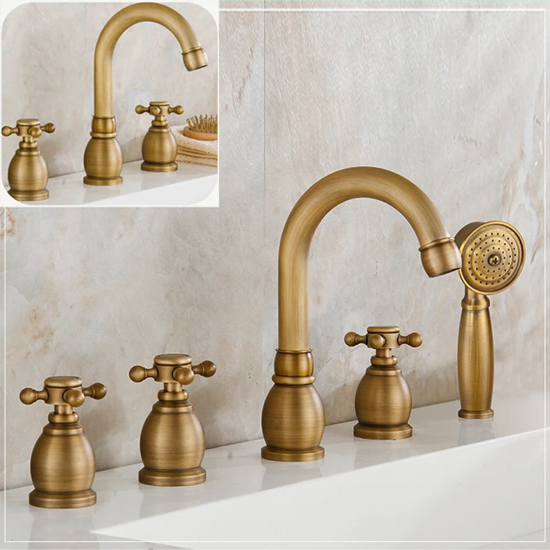 Retro Style Brass Antique Bath and Shower Faucet Widespread Deck