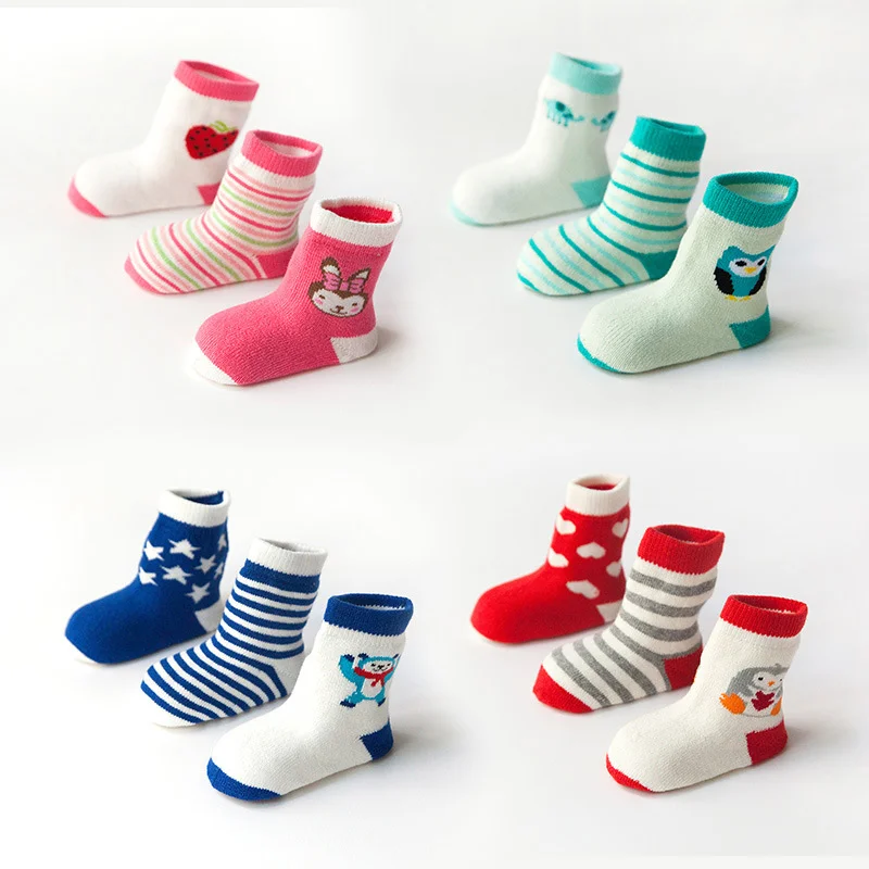 3 Pairs Cotton Striped Baby Socks Thick Warm Kids Short Sock Cartoon Soft Socks For Baby Girls