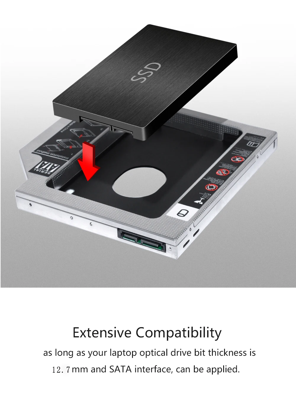 Sunvalley 12,7 мм Алюминий металла Материал 2nd HDD кэдди SATA 2,5 "SSD HDD чехол для ноутбука странно DVD/CD-ROM с Панель