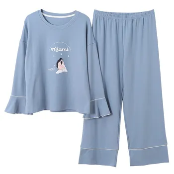 

4XL Pajamas set spring autumn korean style thin cartoon printed women long sleepwear suit casual homewear female sleepwear