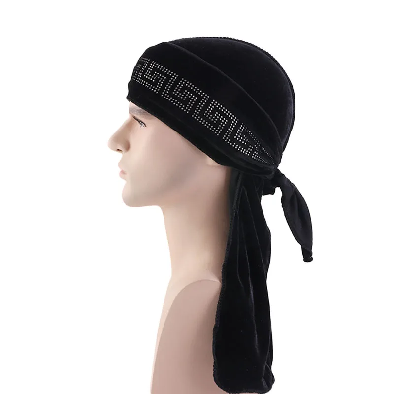 Роскошный бархат Durag Rhinestoned Wrap do rag - Цвет: Черный