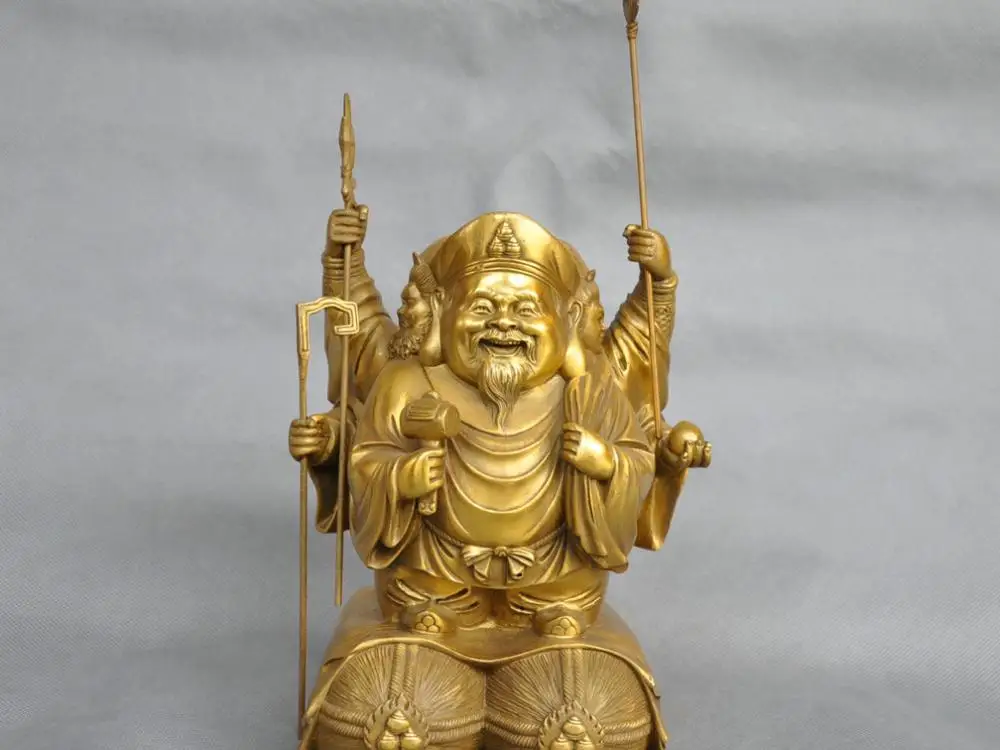 

9" Korean Pure 3 Head 6 Hand Mahakala Buddha Mammon Buddha Bronze Statue