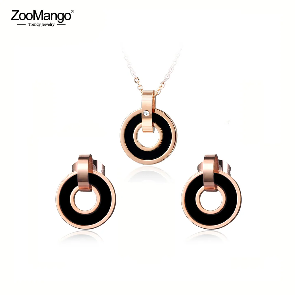 

ZooMango Black/Pink Acrylic Double Circle Earrings Necklace Sets Rose Gold Stainless Steel Wedding Set Jewelry For Women ZSE006
