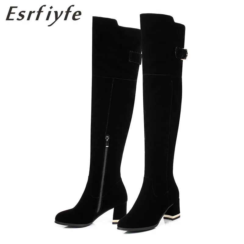 

ESRFIYFE 2019 New Fashion Flock Leather Square High Heel Over The Knee Boots Women Winter Warm Thigh High Side Zipper boots