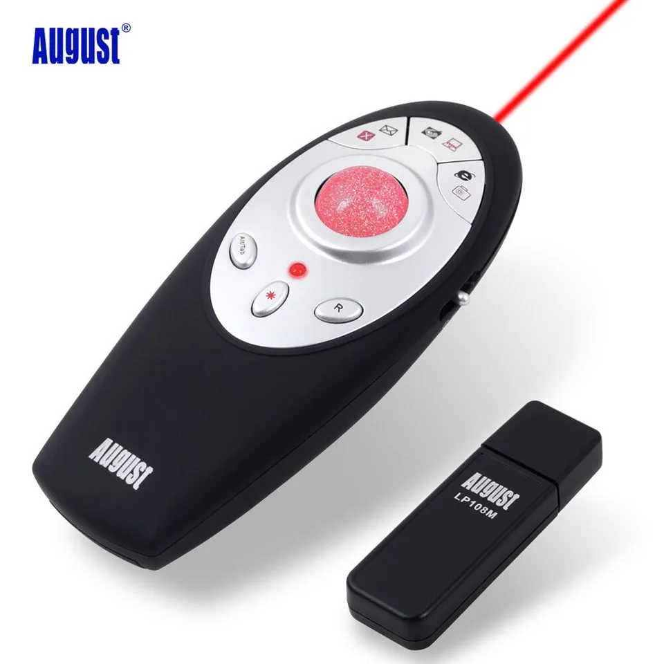 

August LP108M Wireless Presenter with Trackball Mouse 2.4GHz Wireless USB Powerpoint Presenter Remote Control with Laser Pointer