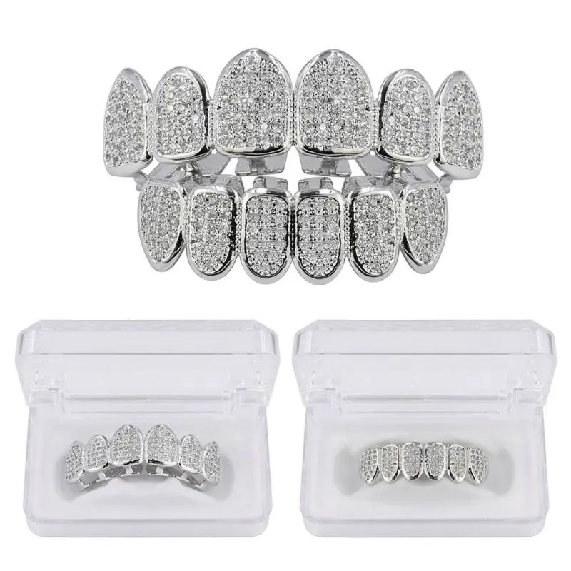 

Hip Hop Gold Silver Luxury Rhinestone Vampire Grillz Set with Extra Silicone Bars Included