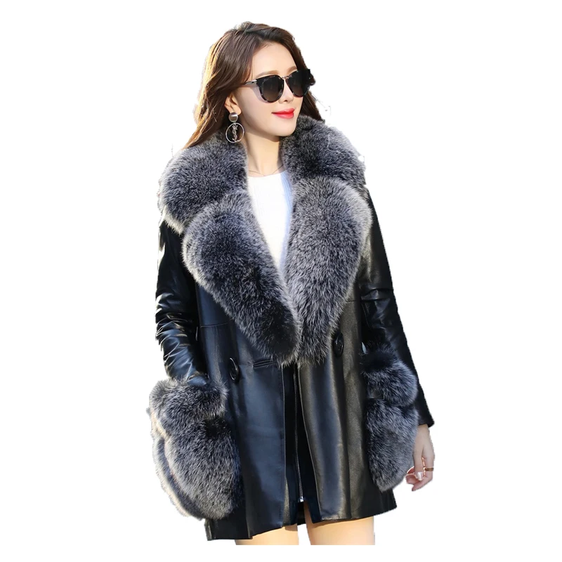 2018 New Big Natural Fox Fur Collar SheepSkin Long Genuine