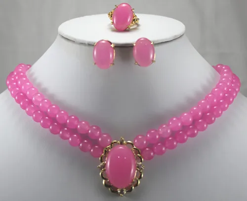 

Hot sell -@> wholesale noble pink jade ring(#7.8.9), stud earrings and 18" necklace with 1316mm pendant jewelry set Natural -Top