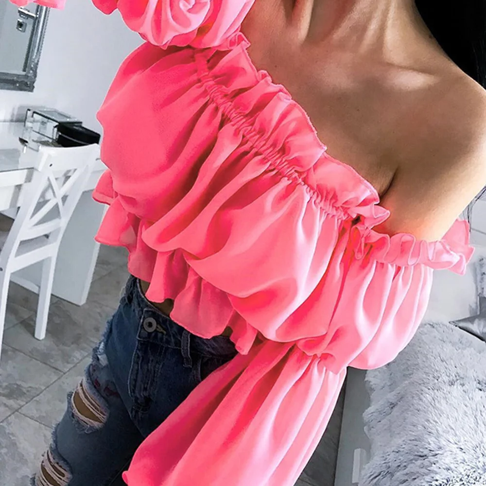 Summer Women Shirt Crop Top Sexy Off Shoulder Ruffles Backless Tank Party Casual High Street Chiffon Shirt Women Robe Femme