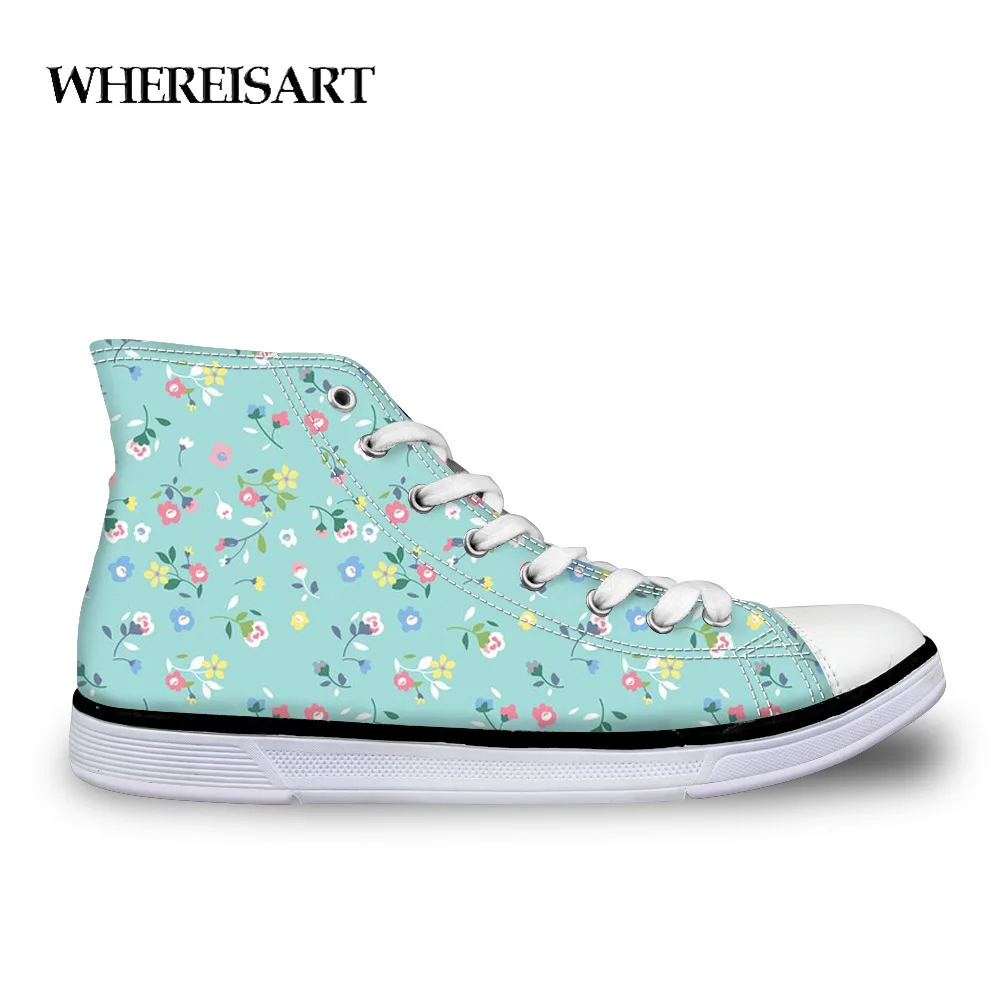 

WHEREISART Custom Canvas Shoes Small floral Pattern Women High Top Canvas Shoes Ladies Spring Non-slip Shoes Lace up Shoes