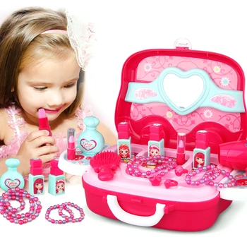 

Children Pretend Play Toy Makeup Toy Simulation Dress and Make-up Travel Box Education Toy Gift for Girl Kid- Pink