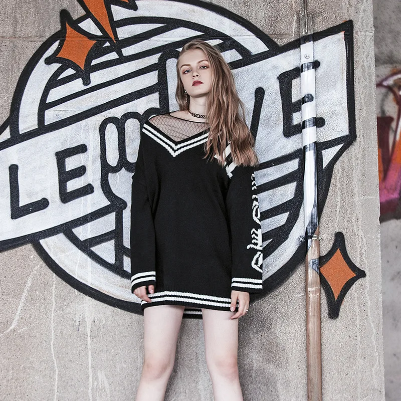 Wind Long-style Sweater Buttocks Collision Color V-collar Long-sleeved Sweater Knitted Tide 2019 Black Pullovers Sweater