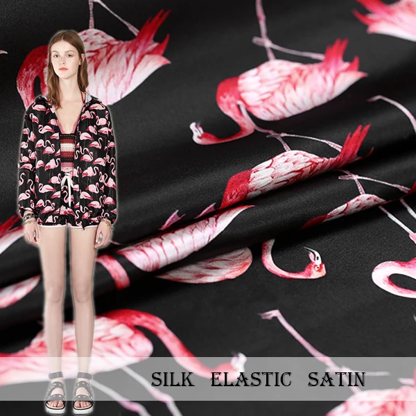

2018 Summer NEW Flamingo Digital Printed Silk elastic satin Fabric,High-end custom 19 Momme Silk Pendant sense cloth For Dress