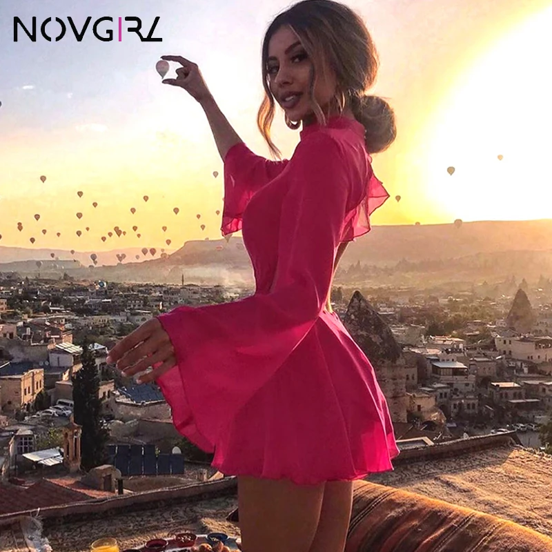 

Novgirl Open Back Ruffles Sexy Party Dress Women 2019 Autumn Bohemian Beach Festival Holiday Ladies Skater Chiffon Dresses Red