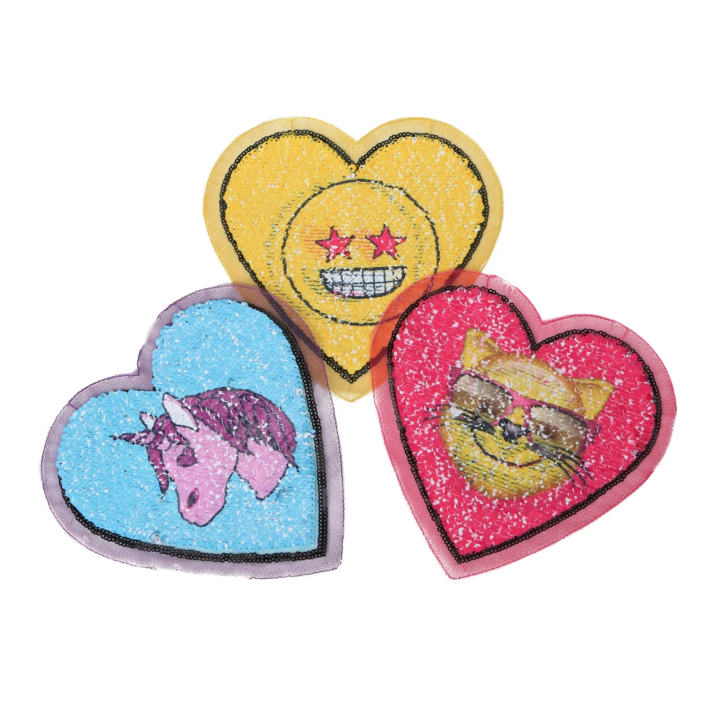 

Heart Unicorn/Cat/Emoji Reversible Sequins Sew On Patch for clothes DIY Crafts Coat Sweater Embroidered Paillette Patch Applique