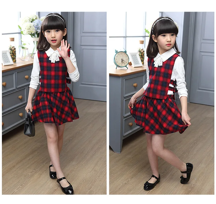 Girls White Shirt Plaid Waistcoat Skirts 3PCS Suit 7