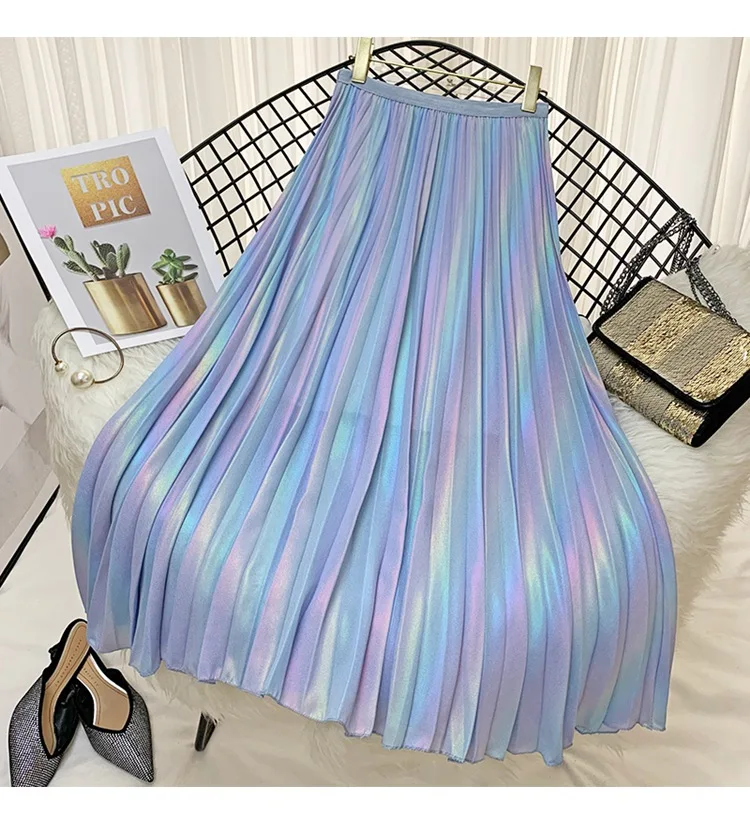 

2019 New Summer Woman High Waist Pleated Skirt Elastic Waist Rainbow Color Gradient Chiffon Long Skirt Elegant Maxi Skirt Faldas