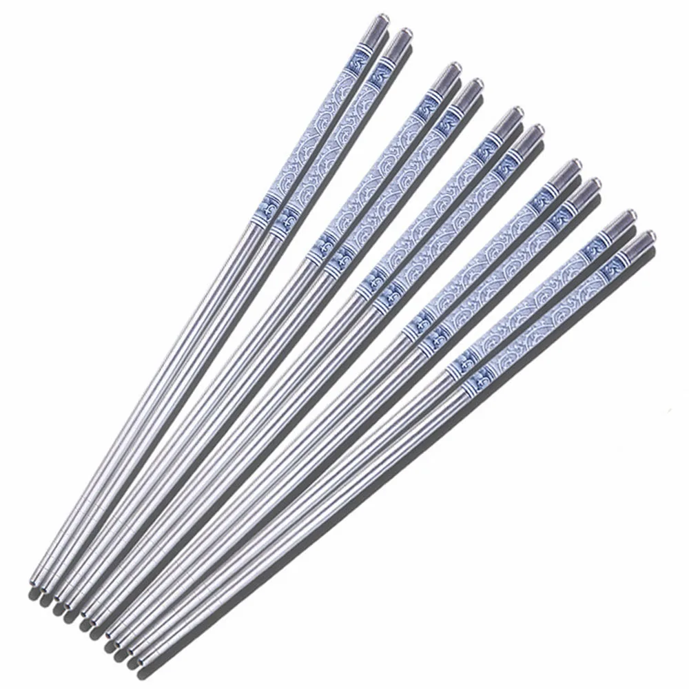 5 Pairs Stainless Steel Durable Food Stick Chinese Traditional Flowers Pattern Stainless Chopsticks Tableware Christmas Gifts