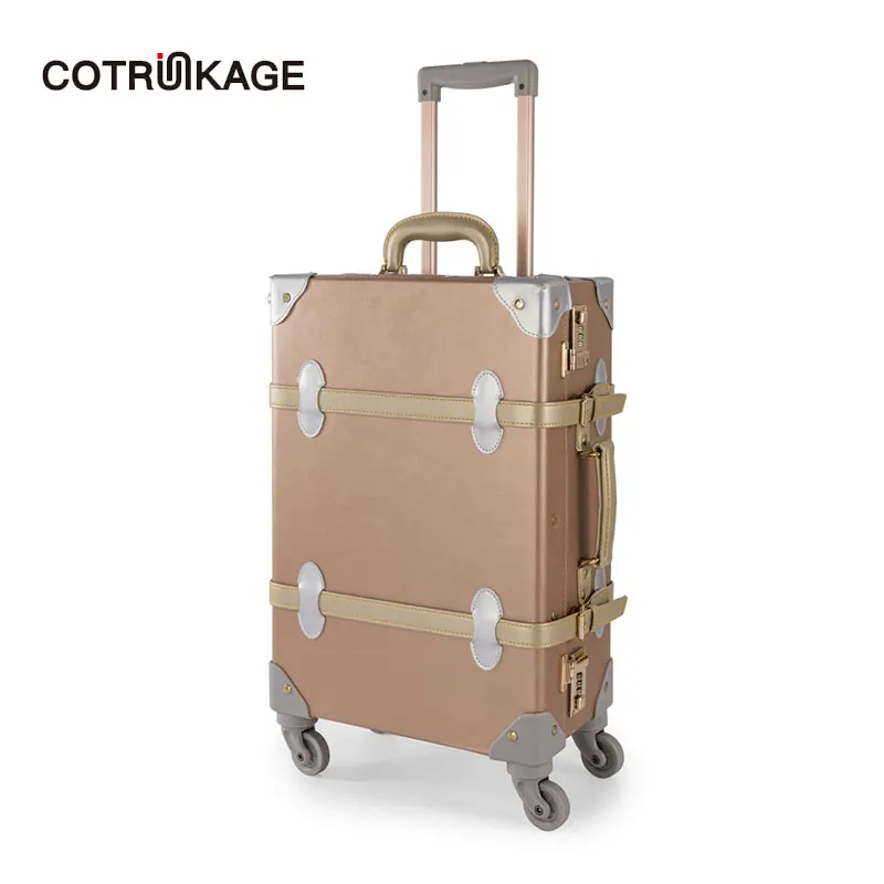 

COTRUNKAGE Rose Gold 20" - 26" Spinner Wheels Retro Pu Leather Suitcase Women Trunk Vintage Luggages Girls Rolling Luggage