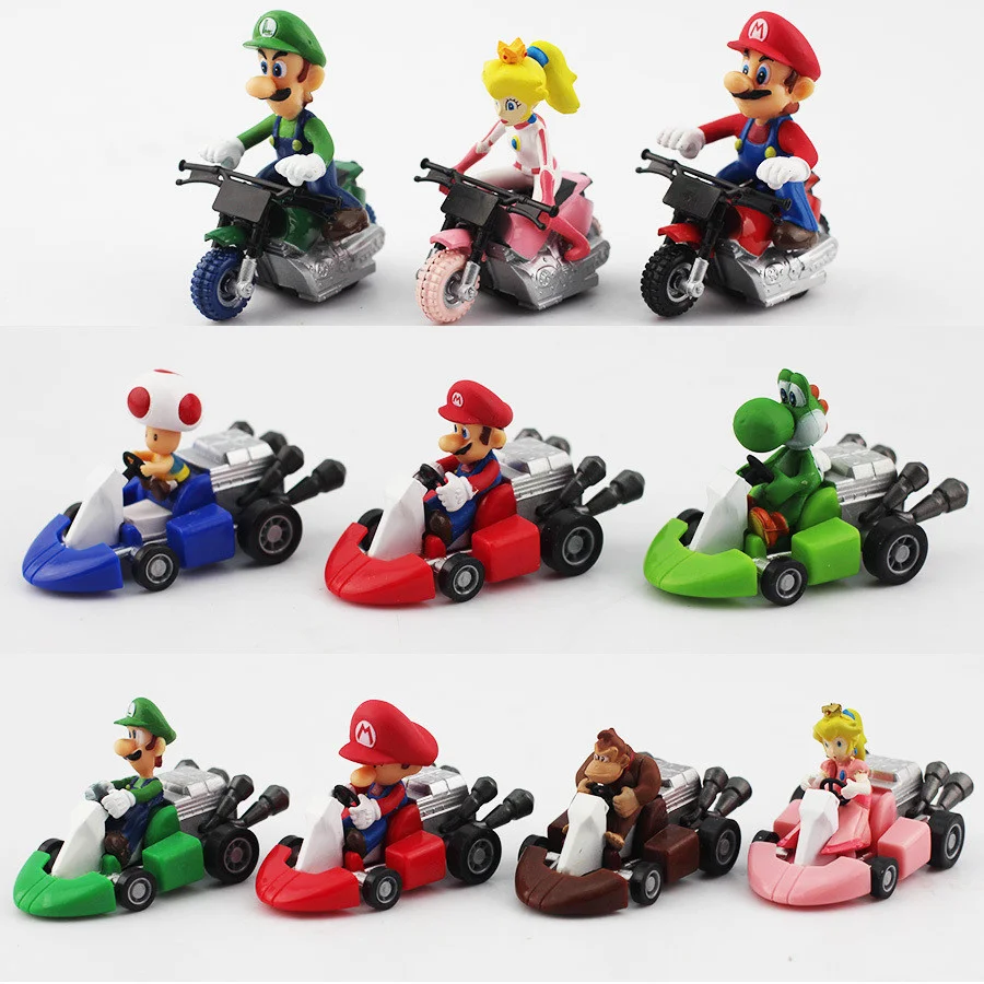 

10pcs/lot Super Mario Bros Luigi Yoshi Toad Mushroom Princess Peach Kart Pull Back Car Mario Donkey Kong Figure Toy For Kids