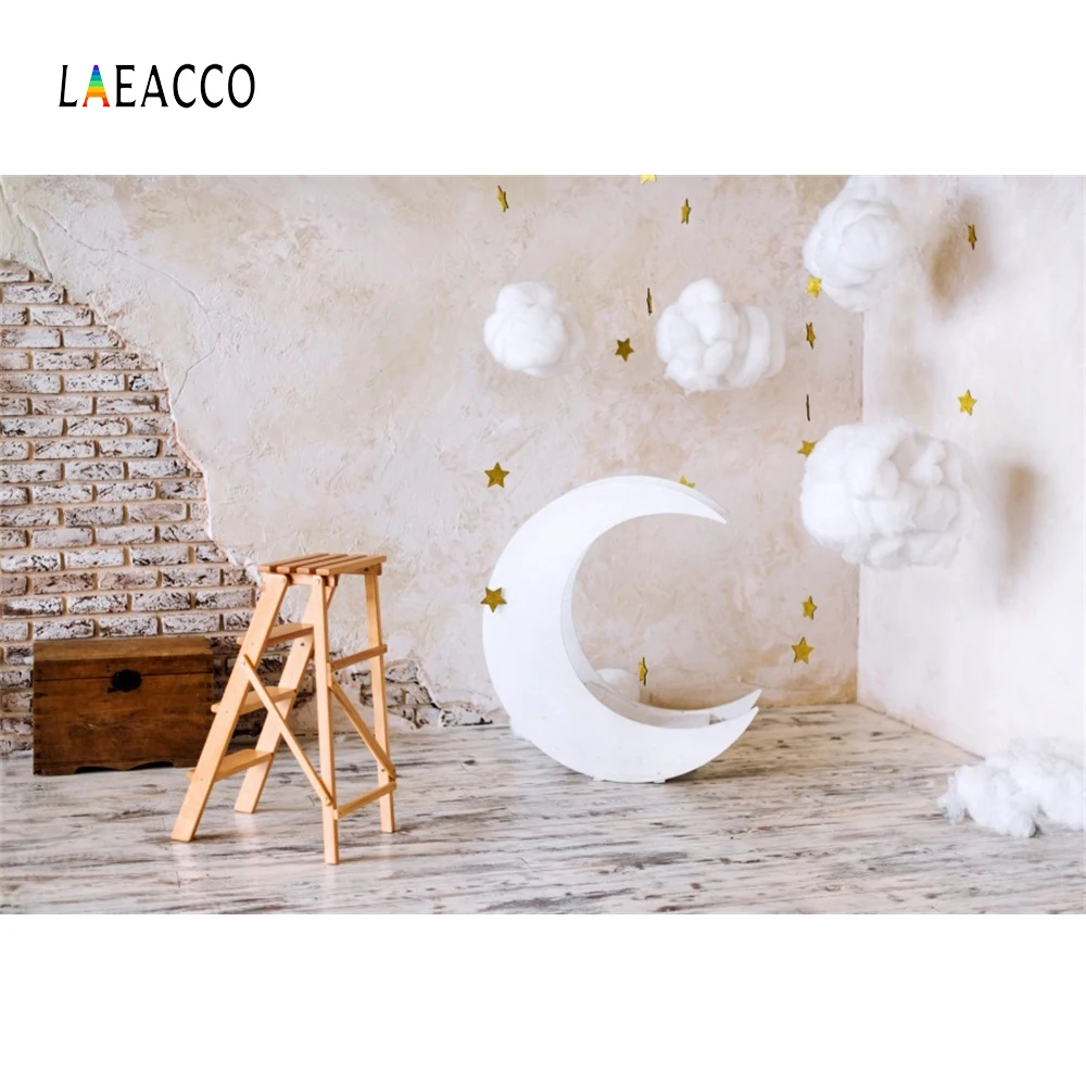 Laeacco Brick Wall Moon Model Cotton Clouds Baby Photography Backgrounds Customized Photographic Backdrops For Photo Studio