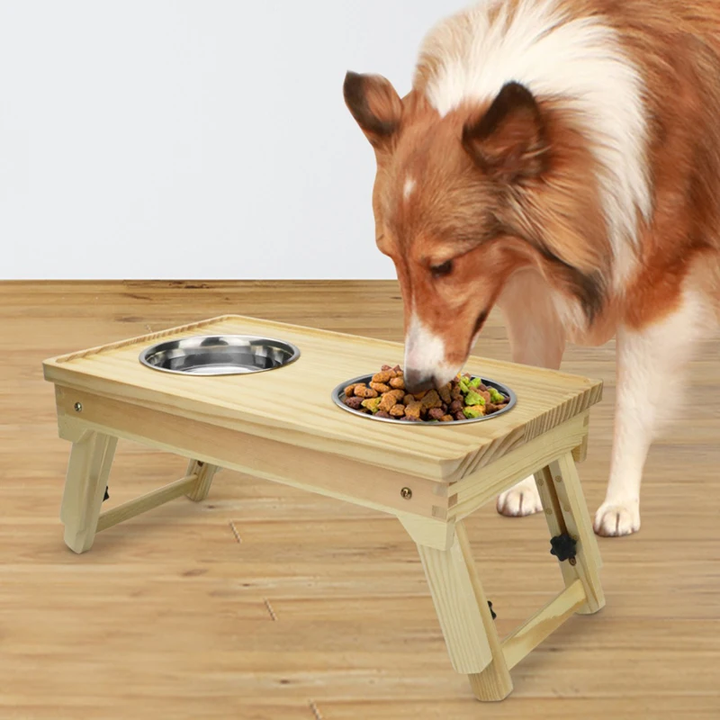 Adjustable Height Dog Bowl Wooden Pet Dog Bowl Stainless Steel Drinking