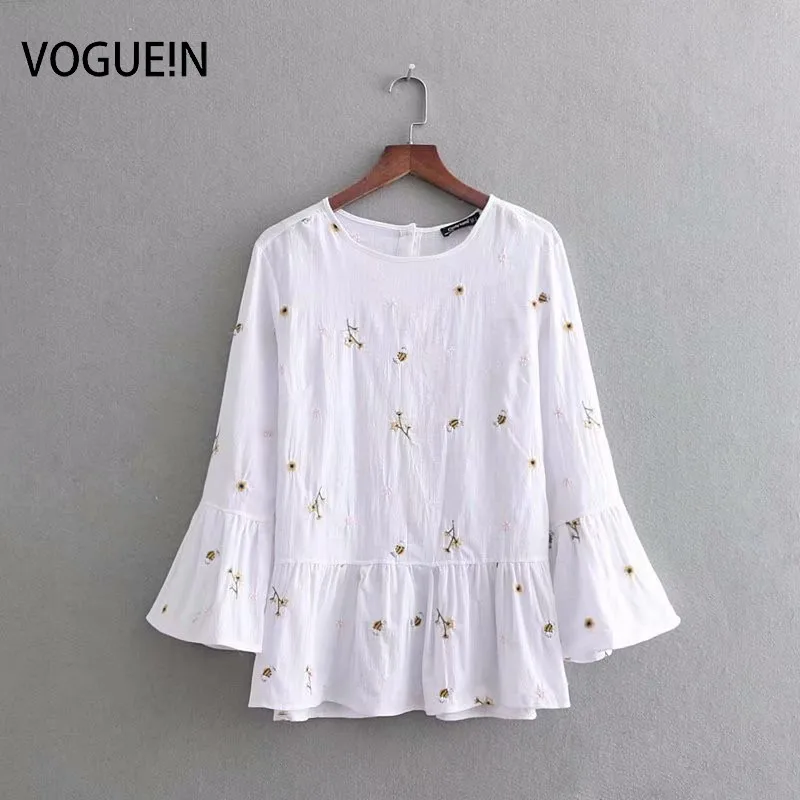 

VOGUEIN New Womens Floral Embroidery O-Neck Flare Sleeve Blouse Shirt Tops White Wholesale