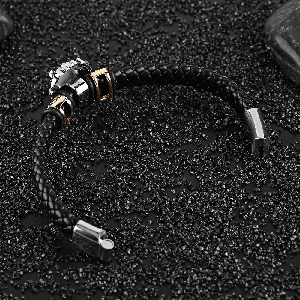 Lion Skull Eagle Punk Woven Bracelets Men Hot Sale Charm Bracelet Male Steampunk Skeleton Bangle Chain Black Leather Bangles (10)